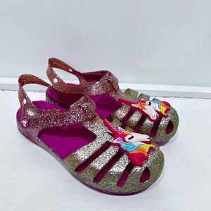 Crocs Girl Pink Glittery Unicorn Isabella Charm‎ Sandals Size 12